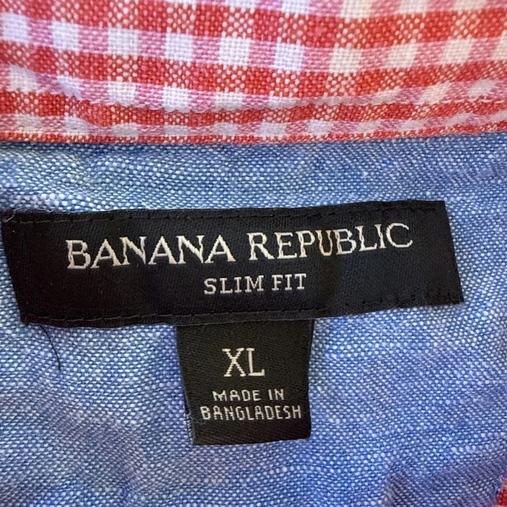 Banana Republic Slim Fit Button Down Shirt Mens XL Red Pink Check‎ Linen Blend